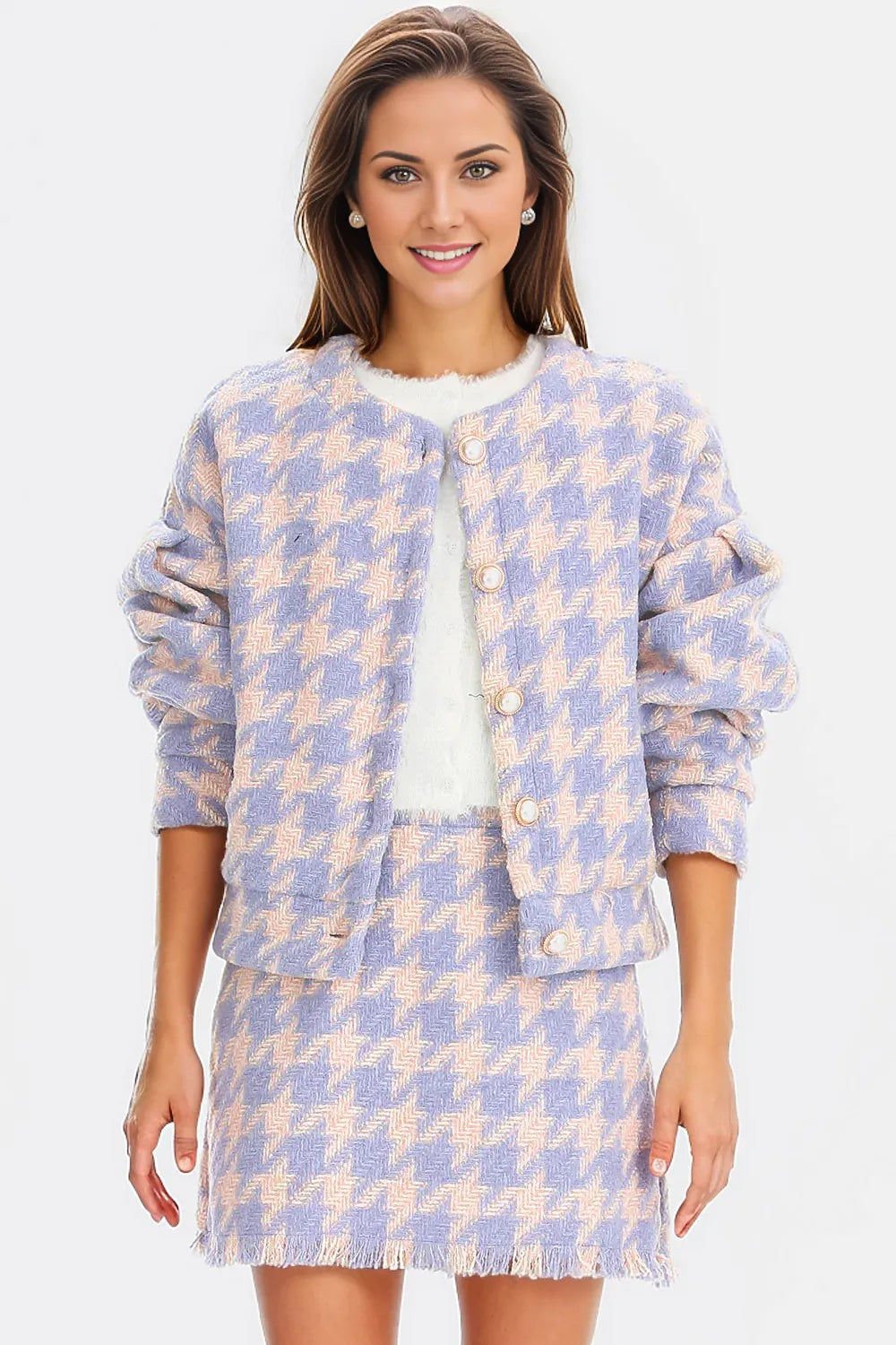 Tyra Houndstooth Blazer and Skirt Two Piece Set