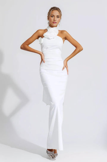 Bonnie Halter Ruched 3D Flowers Gown Dress