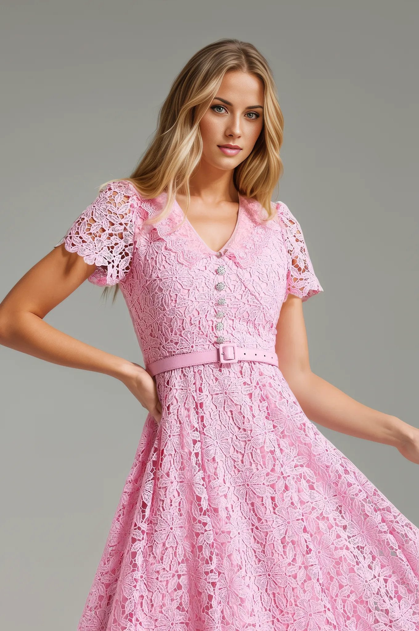 Nalia Lace Rhinestone Buttons Midi Dress