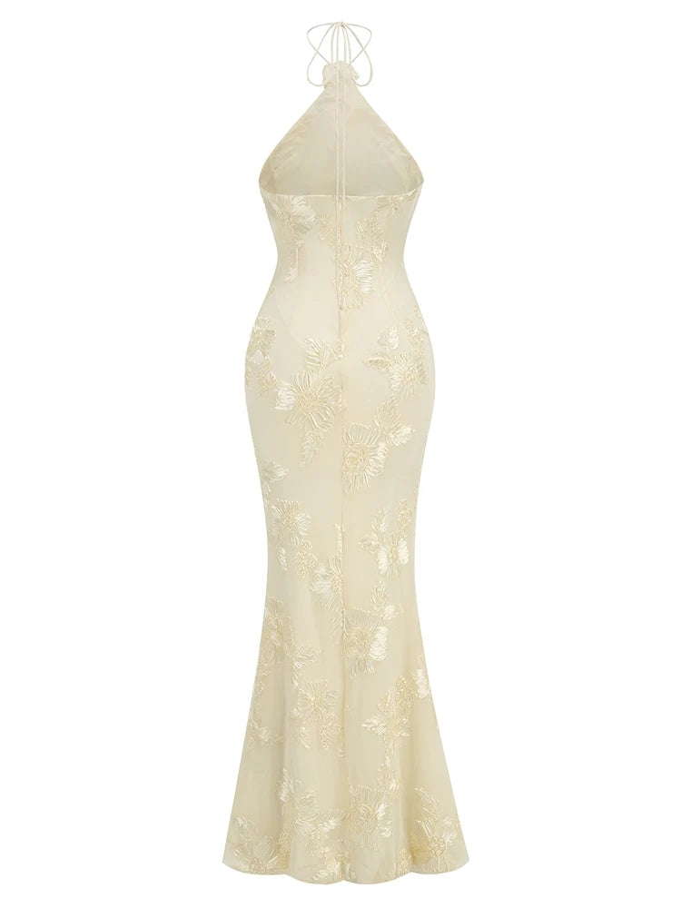 Ysabella Mesh Halter Floral Applique Gown Dress