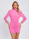 Nayla Turtleneck Rhinestone Ruched Long Sleeve Dress