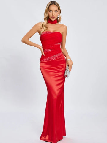 Martina Satin Rhinestone Gown Dress with Scarf