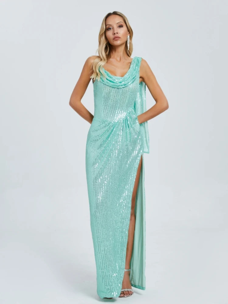 Monice Sequin Draped Gown Dress