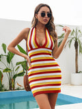 Joelle Stripe Halter Knit Backless Vacation Dress