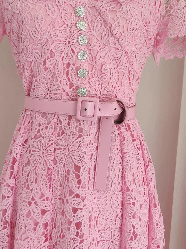 Nalia Lace Rhinestone Buttons Midi Dress