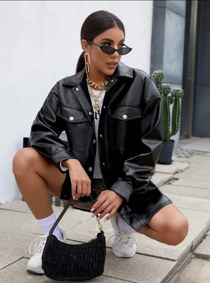 Darllin Black Vegan Leather Button Up Shirt