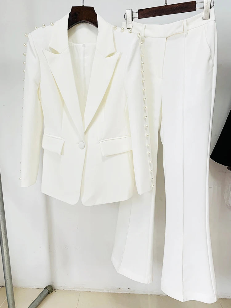 White Pants and Blazer with Pearls Two Piece Set