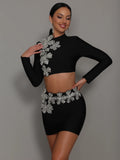 Sasha Long Sleeve Rhinestone Bandage Two Piece Set