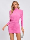 Nayla Turtleneck Rhinestone Ruched Long Sleeve Dress