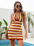 Joelle Stripe Halter Knit Backless Vacation Dress