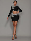 Sasha Long Sleeve Rhinestone Bandage Two Piece Set