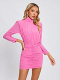 Nayla Turtleneck Rhinestone Ruched Long Sleeve Dress
