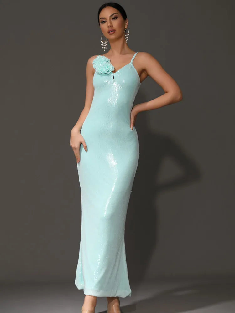 Zoey Flower Sequin Gown Dress
