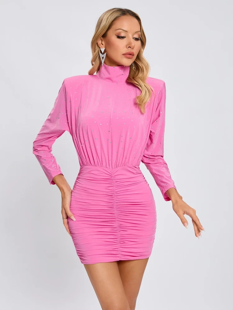 Nayla Turtleneck Rhinestone Ruched Long Sleeve Dress