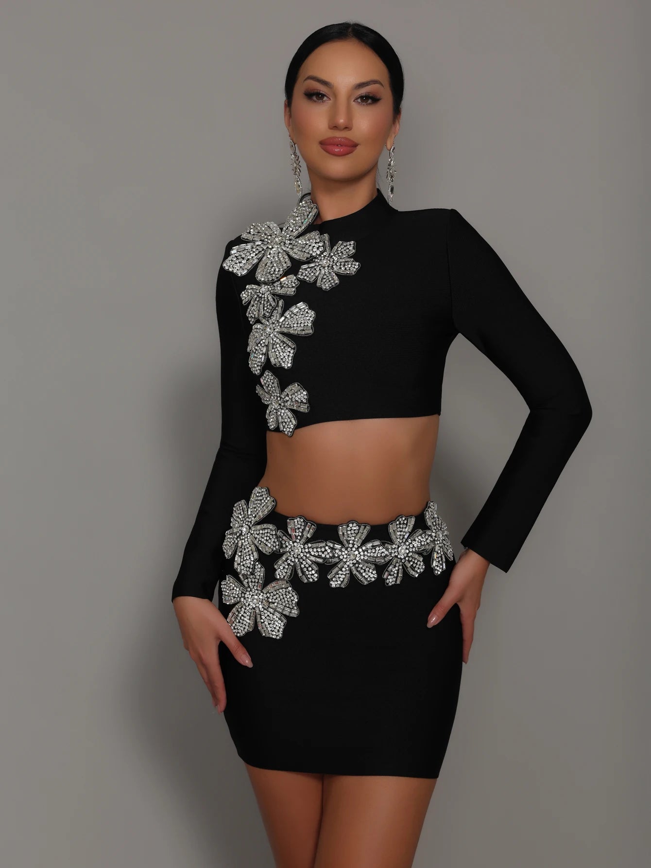 Sasha Long Sleeve Rhinestone Bandage Two Piece Set