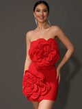 Orenda Strapless Red Flower Applique Dress
