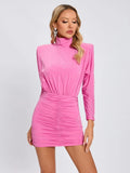 Nayla Turtleneck Rhinestone Ruched Long Sleeve Dress