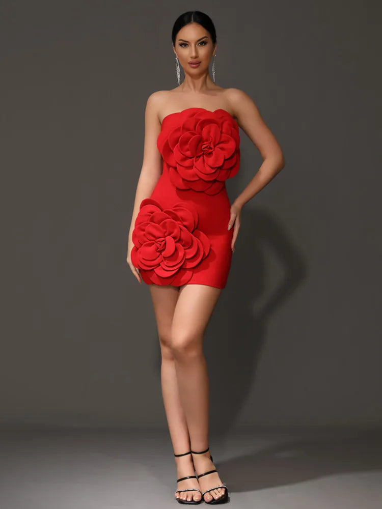 Orenda Strapless Red Flower Applique Dress