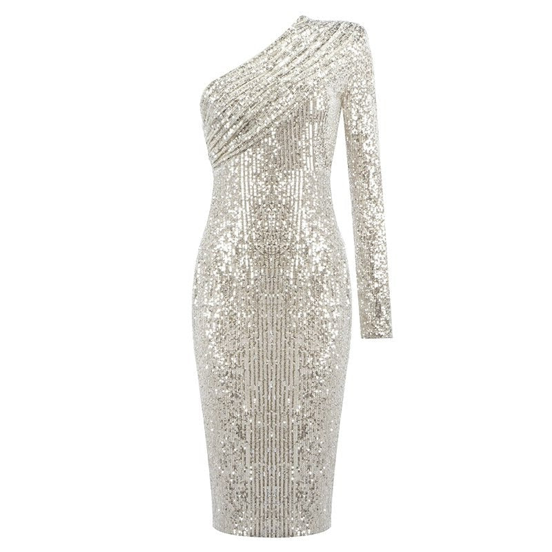 Ammika One Shoulder Long Sleeve Sequin Dress - SunsetFashionLA