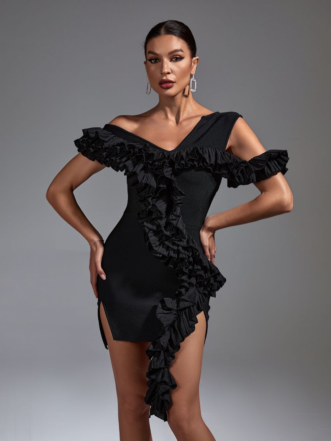 Angelina One Shoulder Bandage Ruffle Dress - SunsetFashionLA