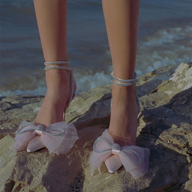 Big Bow Rhinestones Crystal Bowknot High Heeled Pumps - SunsetFashionLA