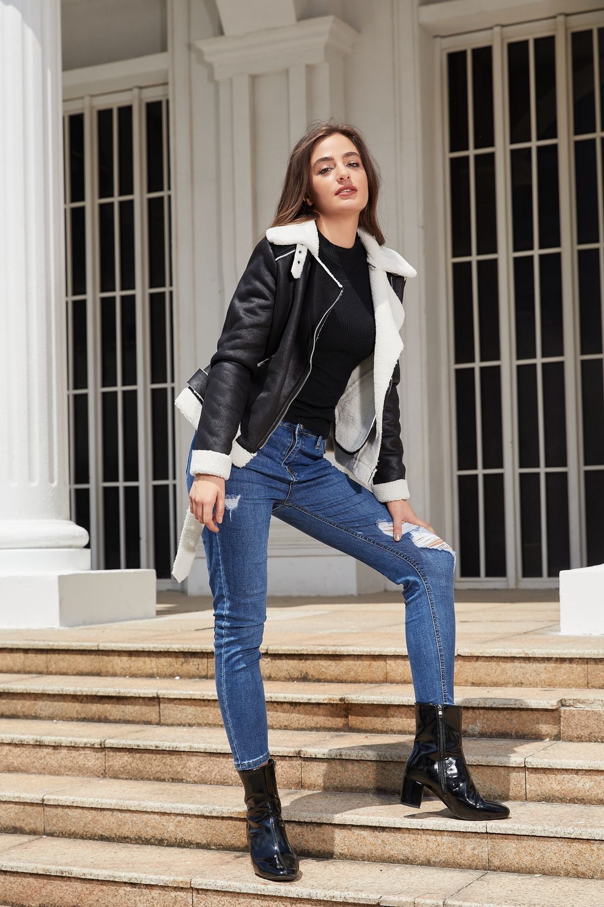 Biker Faux Shearling Sheepskin Suede Jacket with Belt - SunsetFashionLA