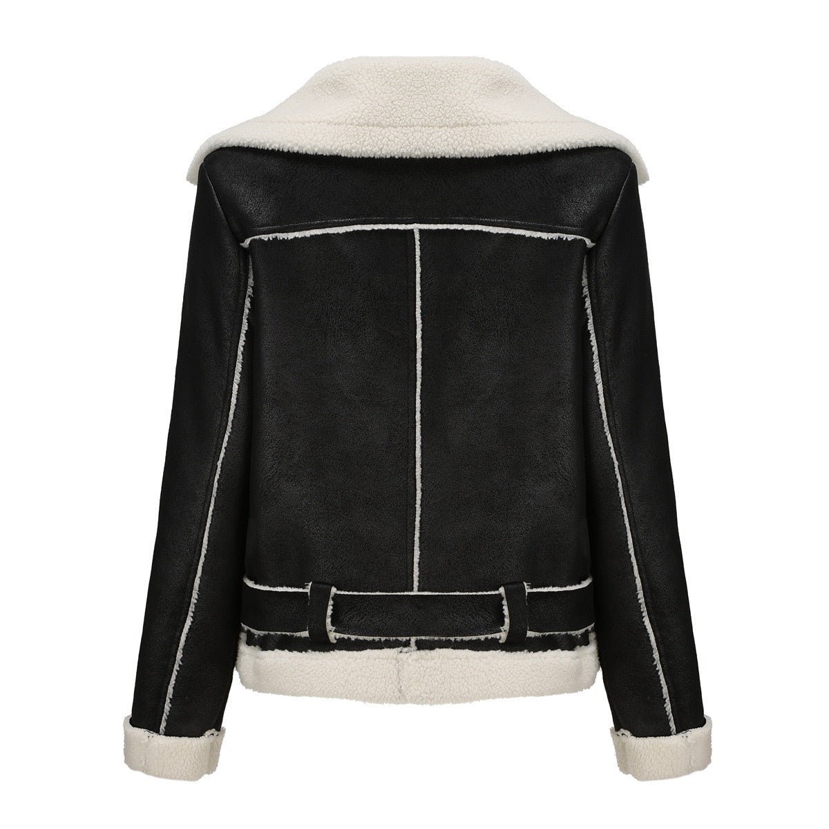 Biker Faux Shearling Sheepskin Suede Jacket with Belt - SunsetFashionLA