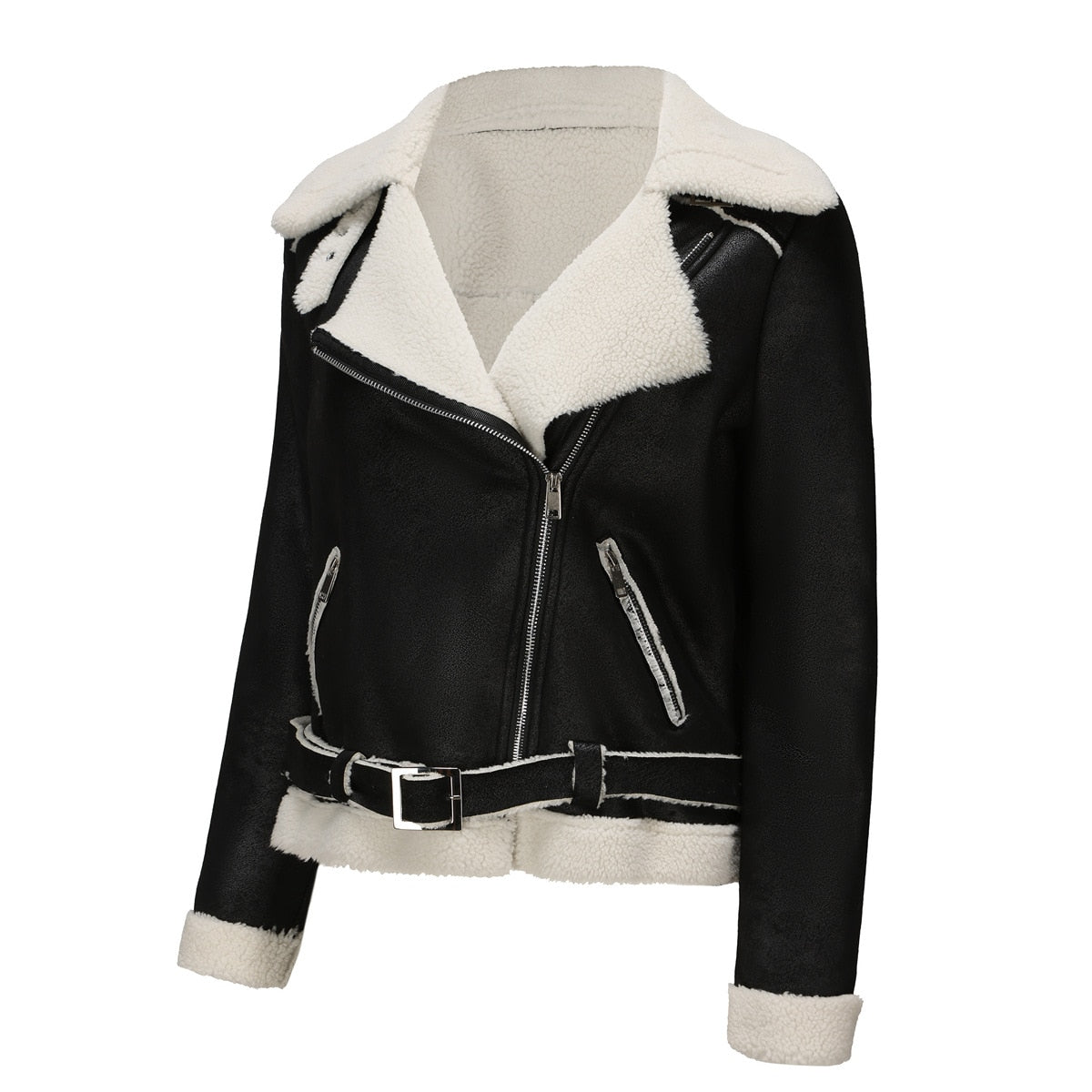 Biker Faux Shearling Sheepskin Suede Jacket with Belt - SunsetFashionLA