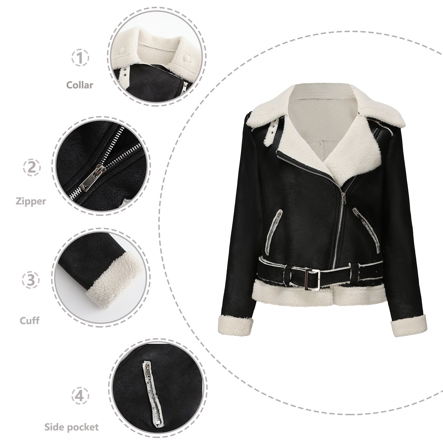 Biker Faux Shearling Sheepskin Suede Jacket with Belt - SunsetFashionLA