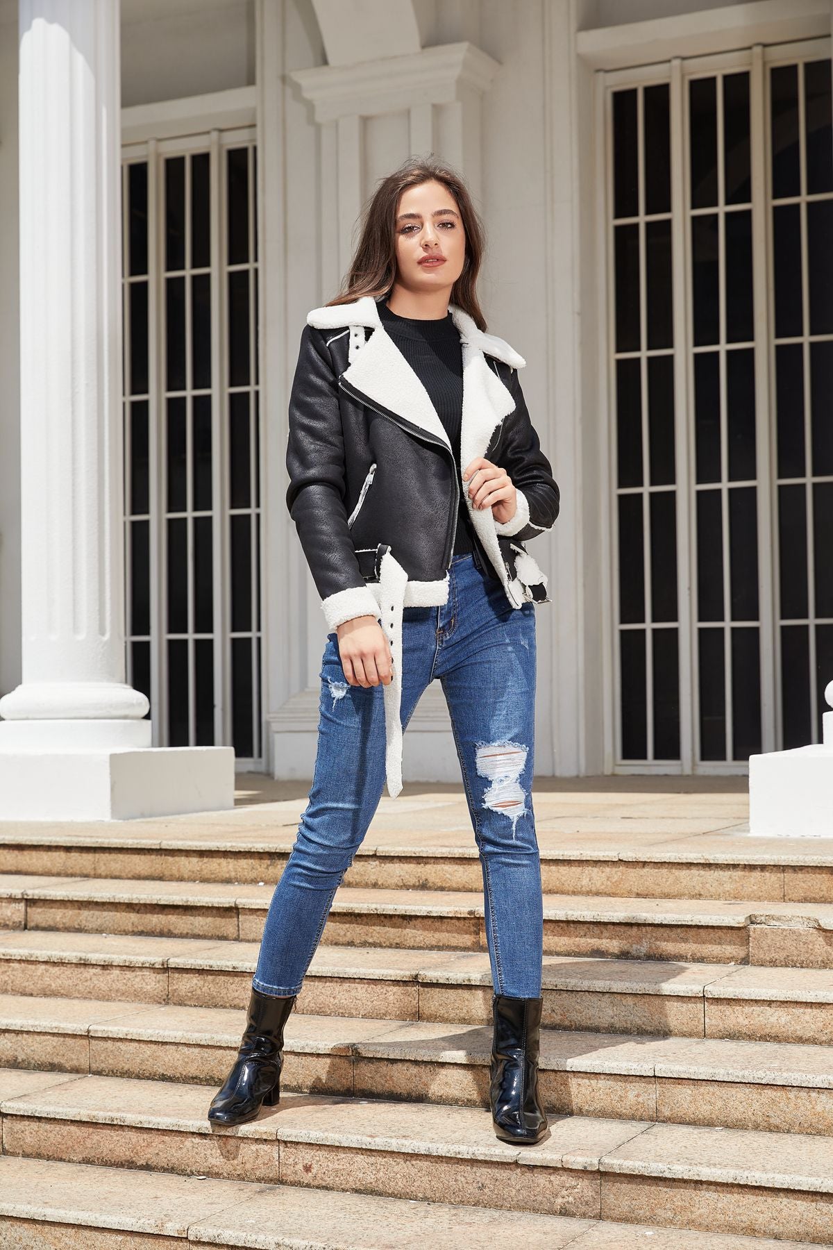 Biker Faux Shearling Sheepskin Suede Jacket with Belt - SunsetFashionLA