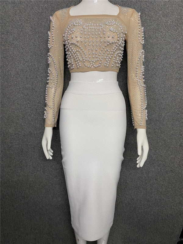 Calista Bandage Rhinestone Two Piece Dress Set - SunsetFashionLA