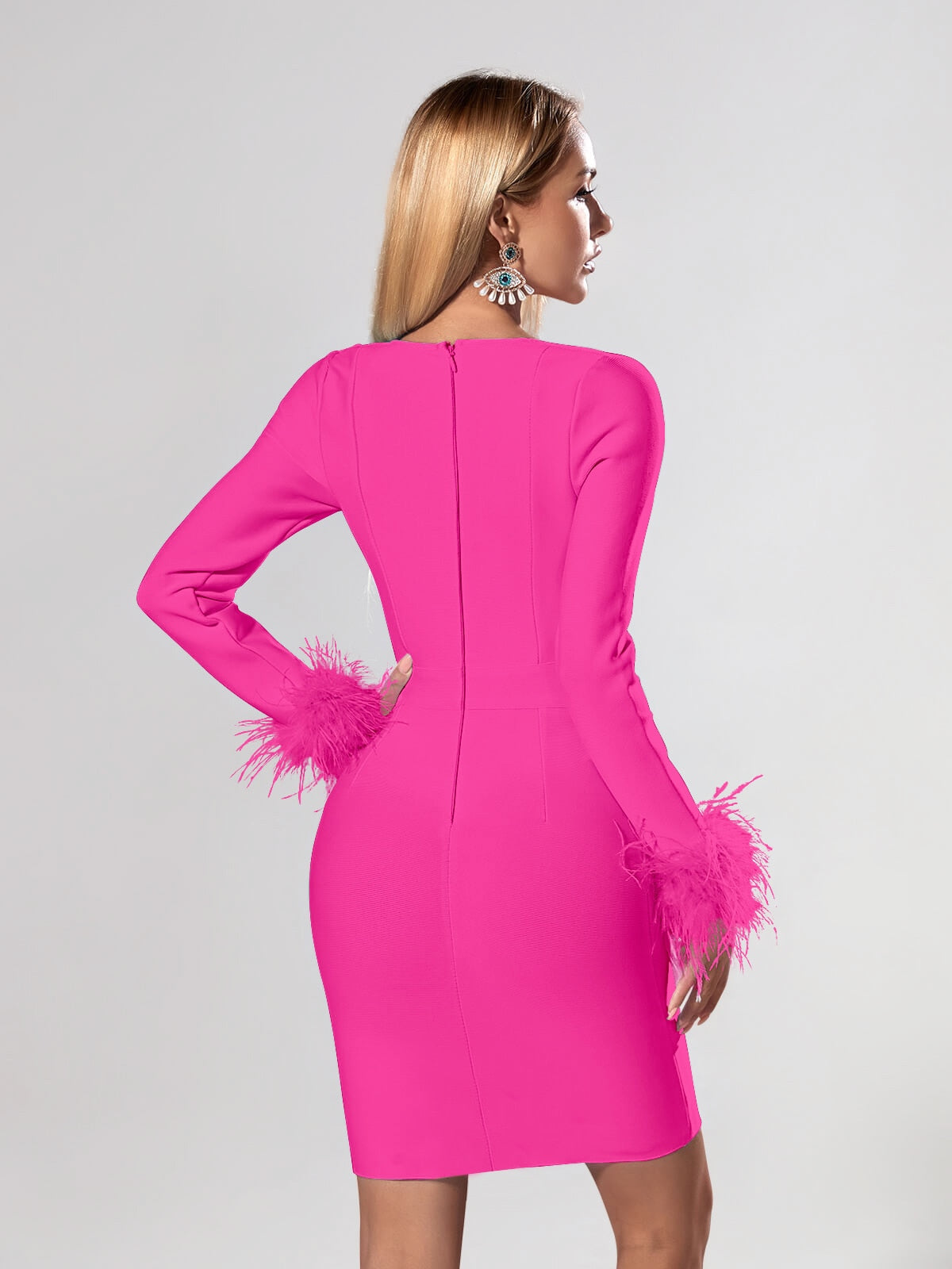 Candace Bandage Long Sleeve Feather Dress - SunsetFashionLA