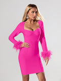 Candace Bandage Long Sleeve Feather Dress - SunsetFashionLA