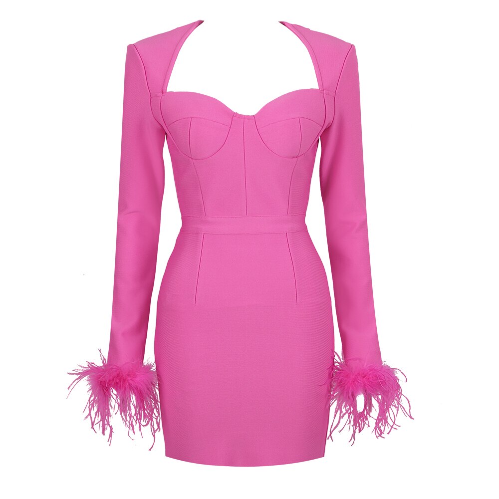 Candace Bandage Long Sleeve Feather Dress - SunsetFashionLA