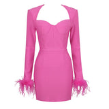 Candace Bandage Long Sleeve Feather Dress - SunsetFashionLA