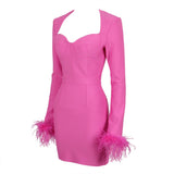 Candace Bandage Long Sleeve Feather Dress - SunsetFashionLA