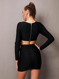 Cereda Long Sleeve Button Bandage Skirt Two Piece Set - SunsetFashionLA