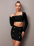 Cereda Long Sleeve Button Bandage Skirt Two Piece Set - SunsetFashionLA