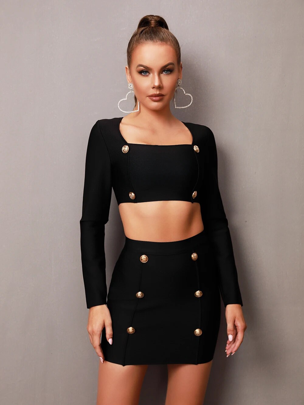 Cereda Long Sleeve Button Bandage Skirt Two Piece Set - SunsetFashionLA