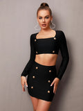 Cereda Long Sleeve Button Bandage Skirt Two Piece Set - SunsetFashionLA
