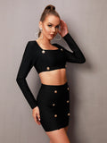 Cereda Long Sleeve Button Bandage Skirt Two Piece Set - SunsetFashionLA