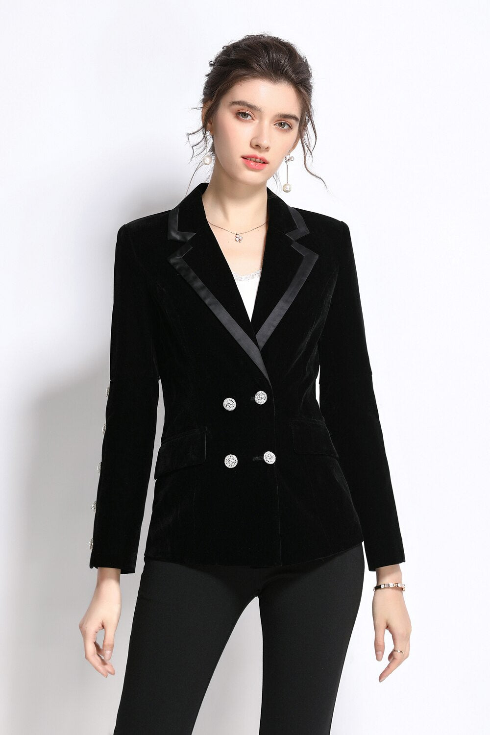 Chic Velvet Blazer with Crystal Buttons - SunsetFashionLA