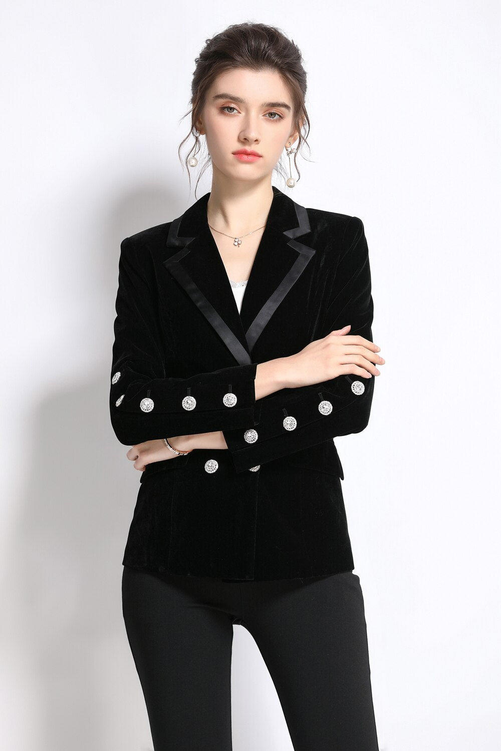 Chic Velvet Blazer with Crystal Buttons - SunsetFashionLA