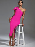 Claret Bandage One Shoulder Ruffle Midi Dress - SunsetFashionLA