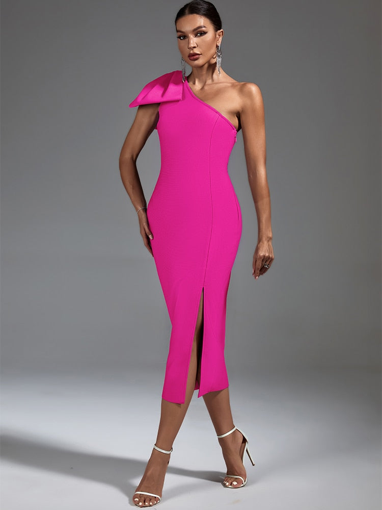 Claret Bandage One Shoulder Ruffle Midi Dress - SunsetFashionLA