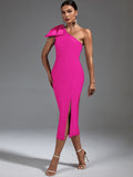 Claret Bandage One Shoulder Ruffle Midi Dress - SunsetFashionLA