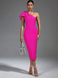 Claret Bandage One Shoulder Ruffle Midi Dress - SunsetFashionLA