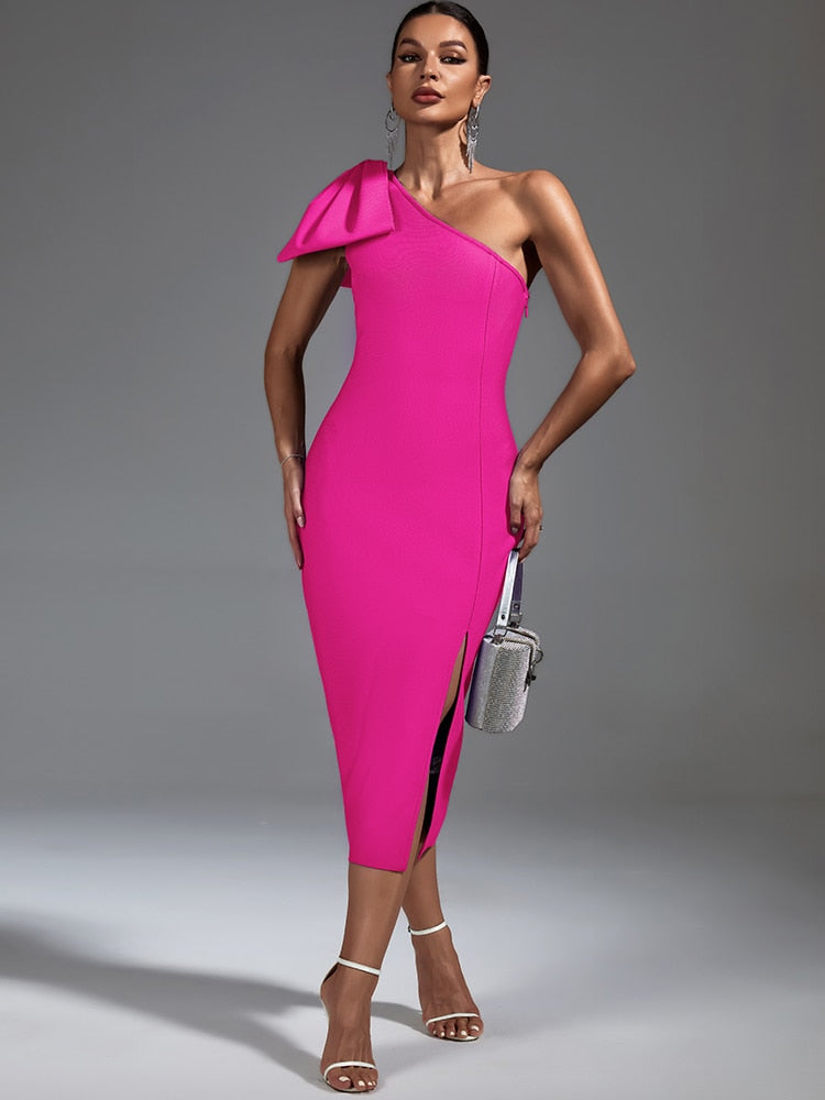Claret Bandage One Shoulder Ruffle Midi Dress - SunsetFashionLA