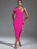 Claret Bandage One Shoulder Ruffle Midi Dress - SunsetFashionLA