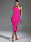 Claret Bandage One Shoulder Ruffle Midi Dress - SunsetFashionLA